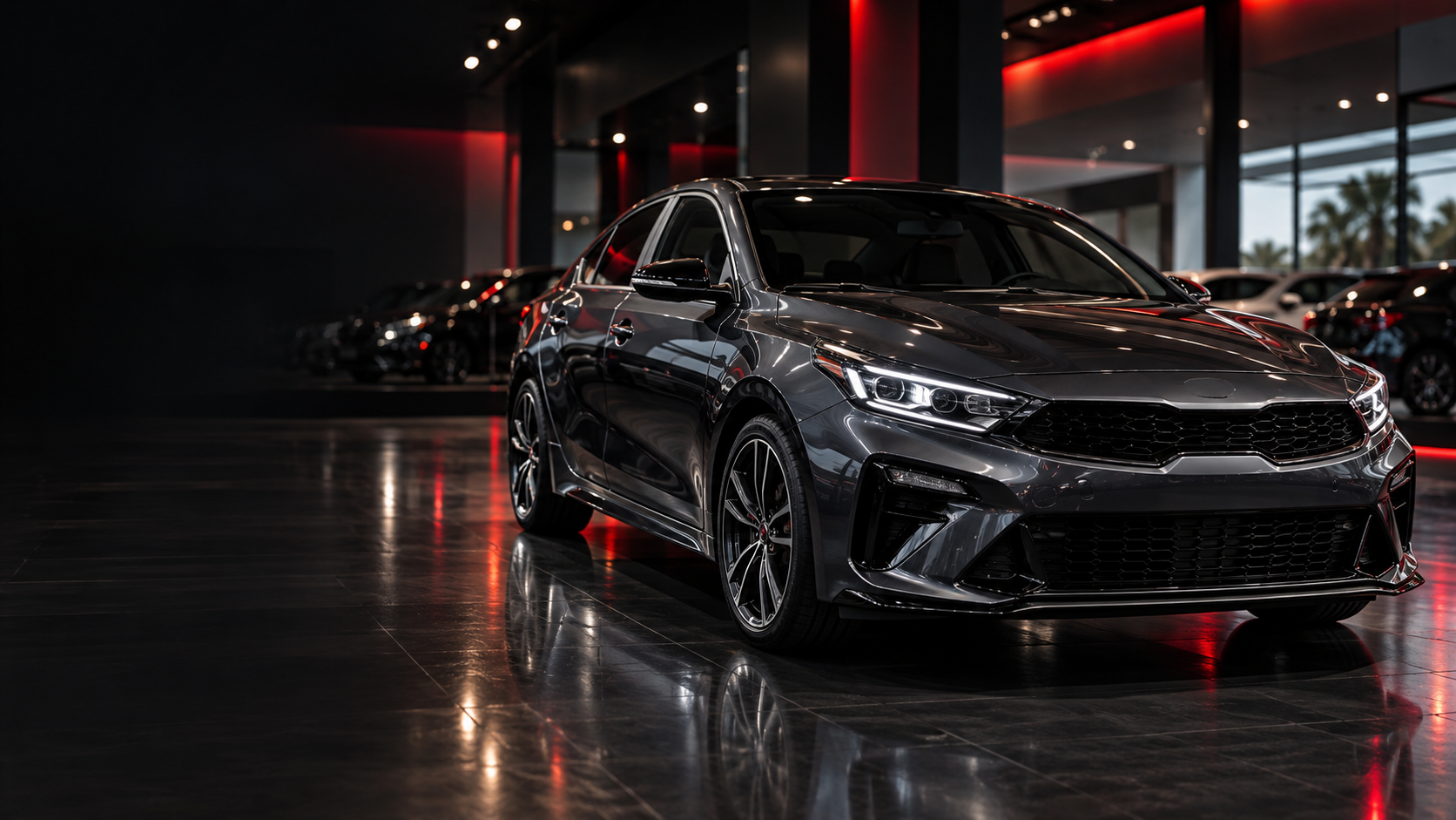 Dark sedan in a modern showroom with red accent lighting